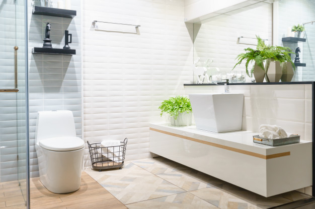 modern spacious bathroom with bright tiles with toilet sink side view 29285 746
