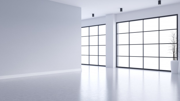 modern empty living room interior white wall concrete floor with black frame window 33739 384